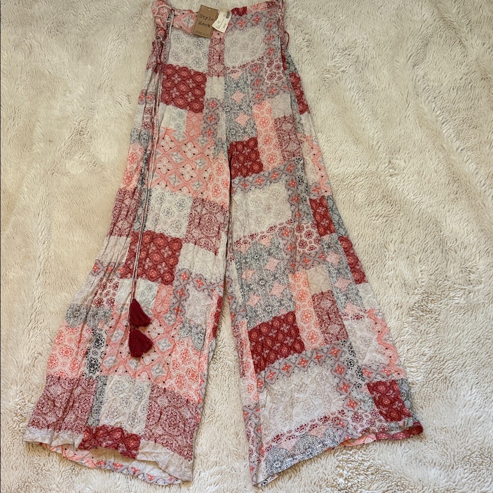Style Rack Burgundy Patchwork Wide Leg Pants with side‎ tie detail